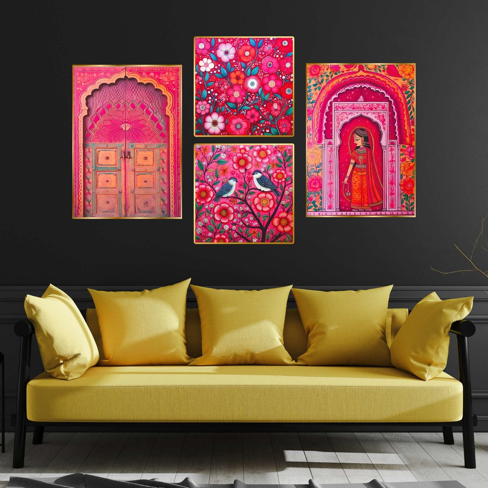 Set of Four Wall Paintings for Wall Dacoration Golden Framed Wall Paintings for Living Room & Bedroom Wall Art for Home Decoration & Office Wall Décor (13×10 inch CH-GD4-1)
