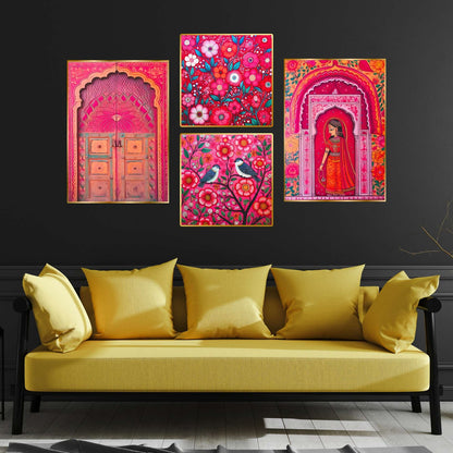 Set of Four Wall Paintings for Wall Dacoration Golden Framed Wall Paintings for Living Room & Bedroom Wall Art for Home Decoration & Office Wall Décor (13×10 inch CH-GD4-1)
