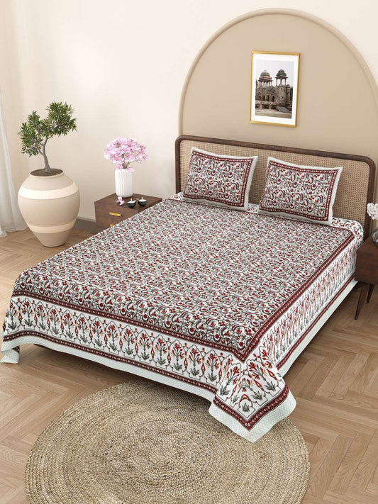 100% Pure Cotton Traditional Printed Bedsheet for Double Bed King Size Bedsheet with 2 Pillow Covers