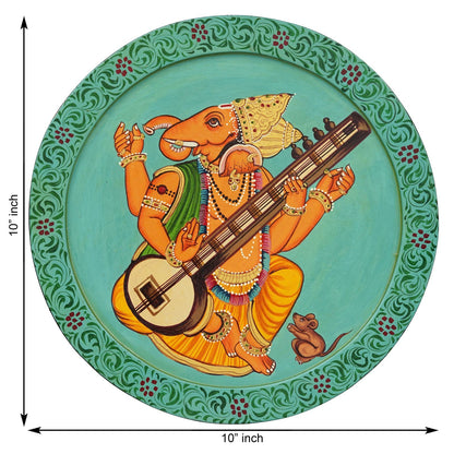 This beautiful pichwai painting features a majestic ganesh ji perched on a vibrant flowering branch.