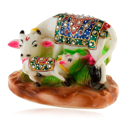 White Marble Kamdhenu Cow and Calf Statue (8.5 cm x 12 cm)