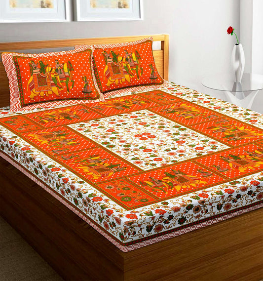 100% Pure Cotton Traditional Printed Bedsheet for Double Bed King Size Bedsheet with 2 Pillow Covers