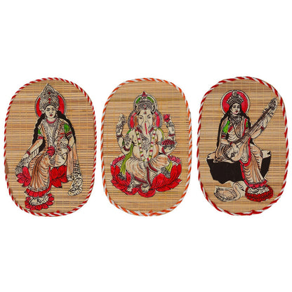 Bamboo Hand Crafted Wall Hangings Of The Trio Of Ganesh Ji, Laxmi Ji And Sarwasti Ji Painting For Home D?cor