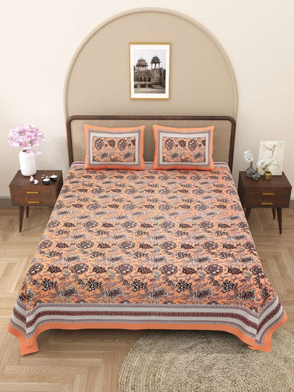 100% Pure Cotton Traditional Printed Bedsheet for Double Bed King Size Bedsheet with 2 Pillow Covers