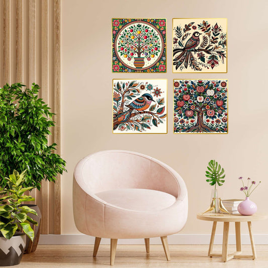 Set of Four Wall Paintings for Wall Dacoration Golden Framed Wall Paintings for Living Room & Bedroom Wall Art for Home Decoration & Office Wall Décor (13×10 inch CH-GD4-7)