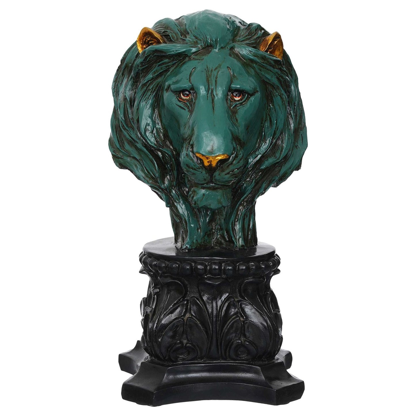 Handmade Lion Head Statue Stone Finish Animal Figurines Gifts Antique Design for Home Decoration (green)