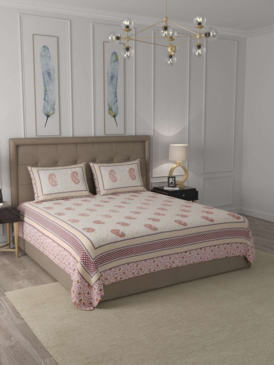 100% Pure Cotton Traditional Printed Bedsheet for Double Bed King Size Bedsheet with 2 Pillow Covers