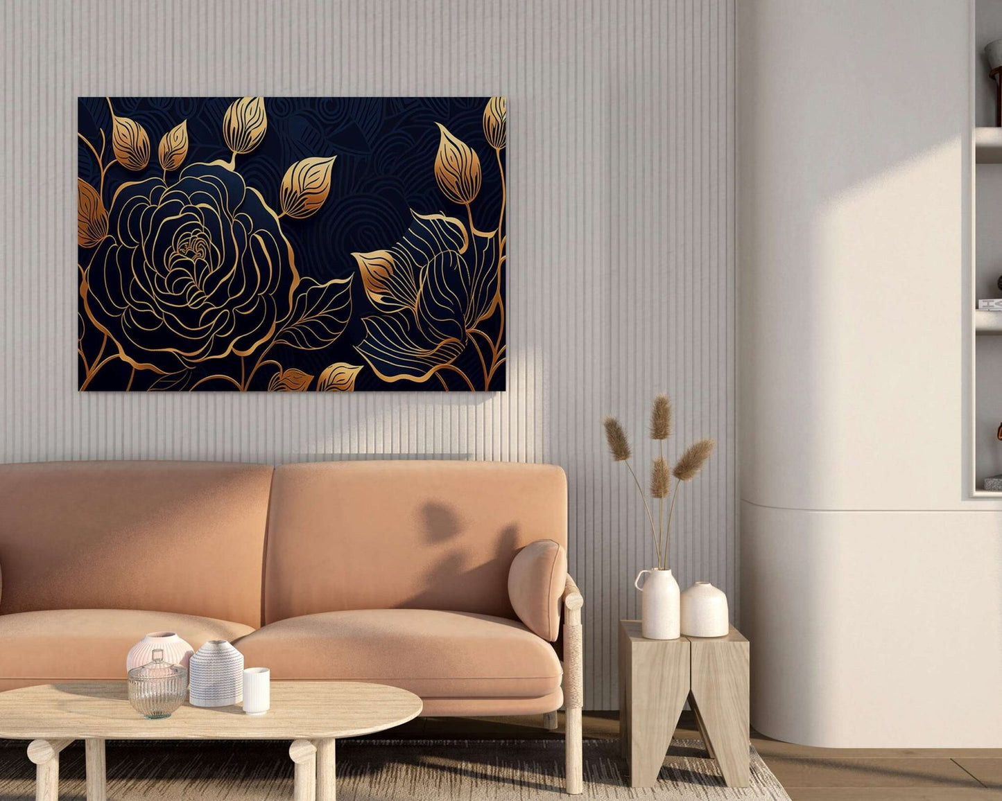 Royal Blue & Gold Rose Wall Art Modern Floral Line Art Canvas Painting for Living Room & Bedroom Decor
