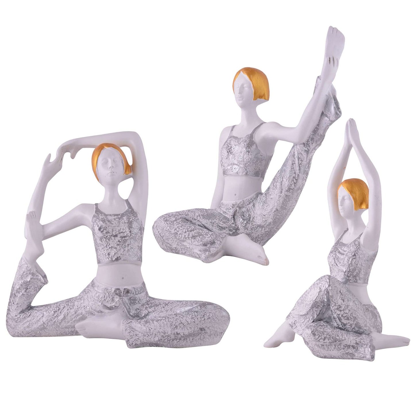 Suitable for home decor Yoga Posture Lady Statue Idol for Home Yoga Statue three pair admirable piece of gift (silver)