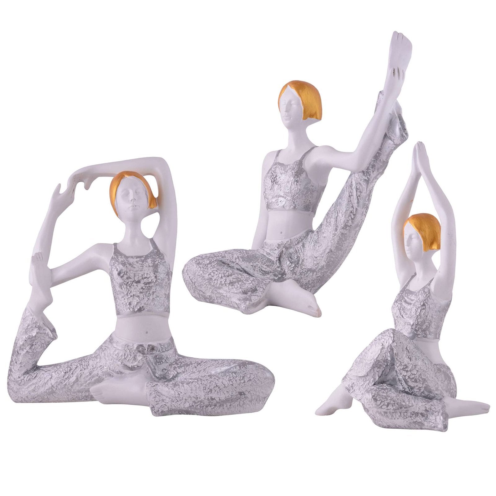 Suitable for home decor Yoga Posture Lady Statue Idol for Home Yoga Statue three pair admirable piece of gift (silver)