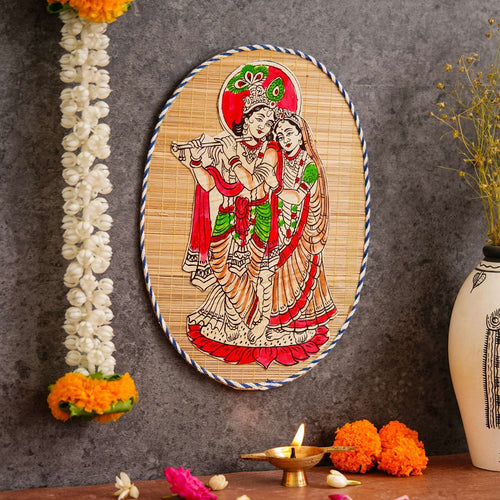 Oval Shaped Design Bamboo Hand Crafted Wall Hangings Of Krishna Ji With Radha Ji For Home D’cor | Bamboo Art For Wall Decor