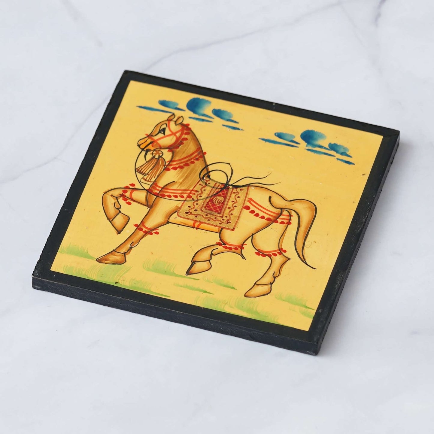 Handcrafted Wooden Horse Hand-Painted Tea Coaster Set: Artistic Table Protection