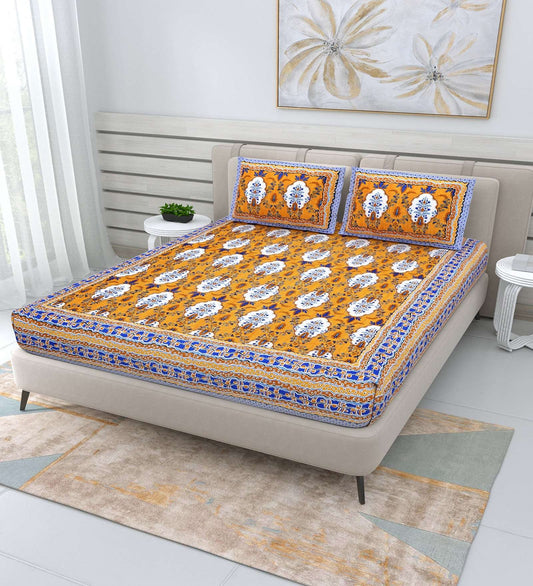 100% Pure Cotton Traditional Printed Bedsheet for Double Bed King Size Bedsheet with 2 Pillow Covers