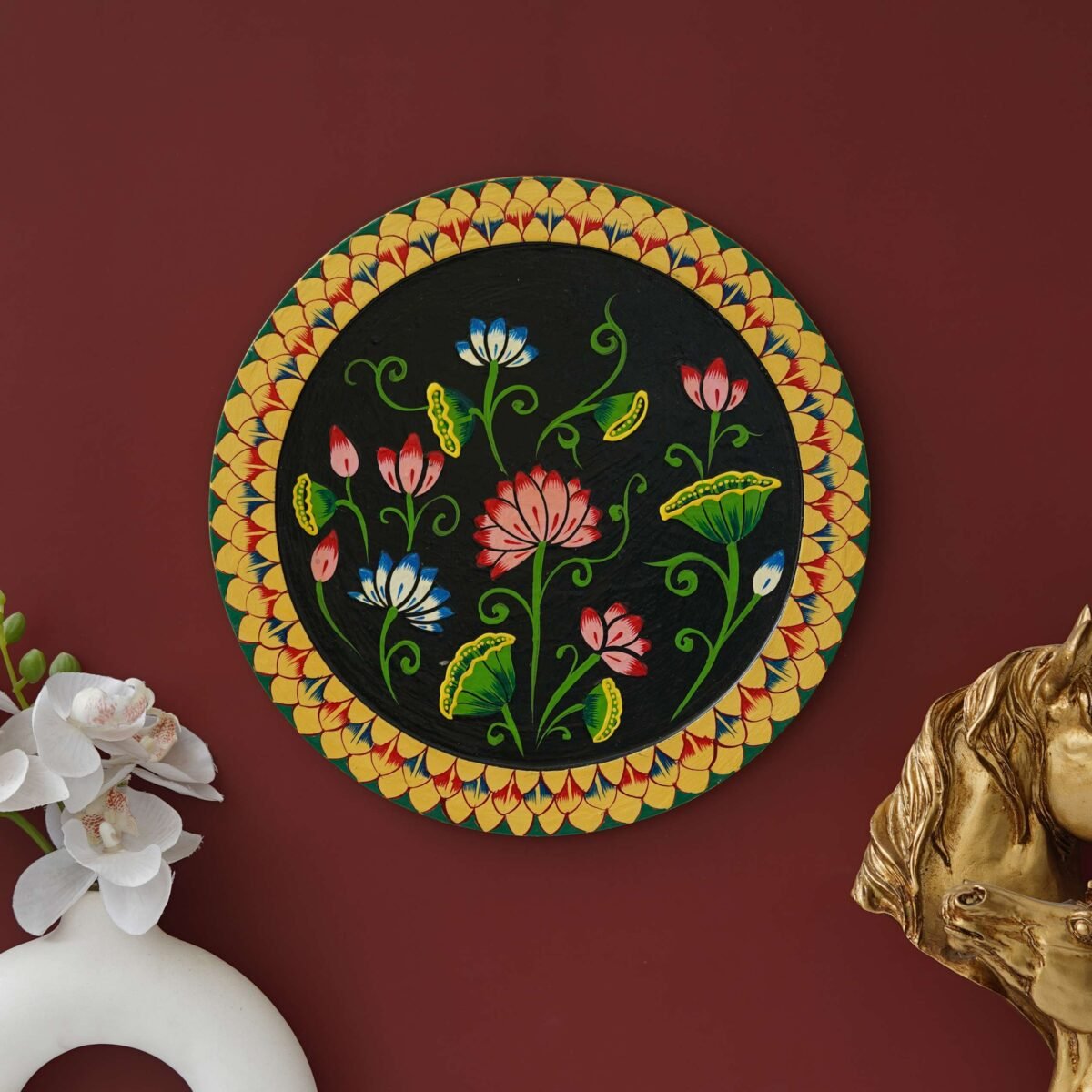 Vibrant Floral Pichwai Painting on Black Background