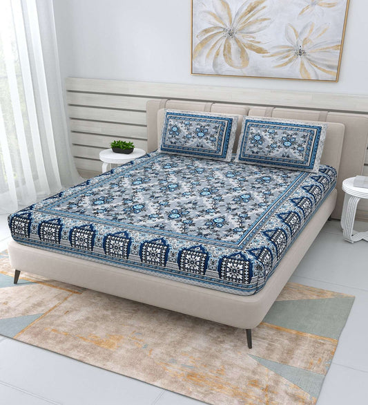 100% Pure Cotton Traditional Printed Bedsheet for Double Bed King Size Bedsheet with 2 Pillow Covers