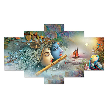 Radhe Krishna Set of Five 3D Framed Paintings for Wall Decoration – Ideal for Home, Living Room, and Bedroom (125 x 60 CM)