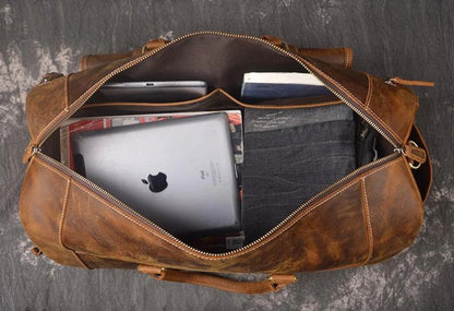Craftshades – | 22 Inch 3 Compartments (Expandable) Handcrafted Duffle Goat Leather Bag (Brown) | 100% Genuine Leather