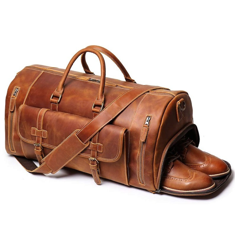 CraftShades: 20 inch Buffalo Leather Duffle Bag with Shoes Compartment| 100% Genuine Leather