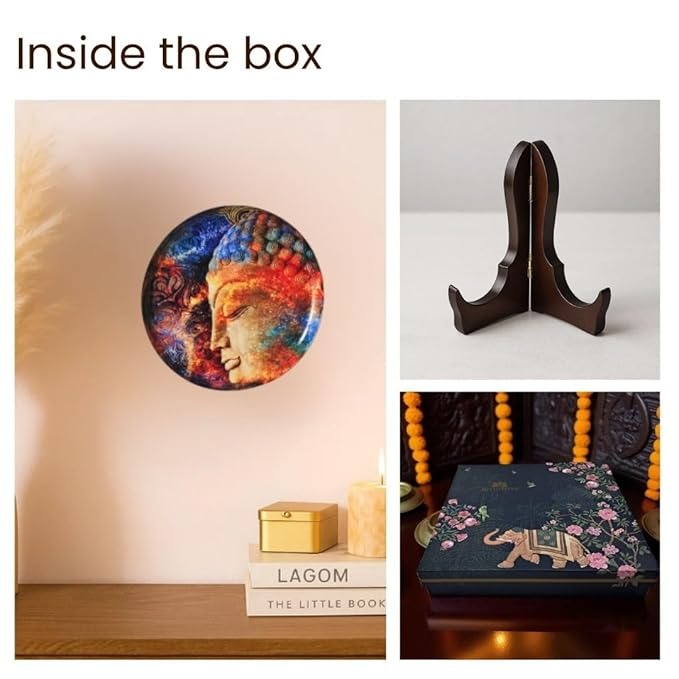 Ritualistic Iron With Enamel Work Mango Wood Stand Buddha Single Wall Plate 10 Inch With Stand wall Arts