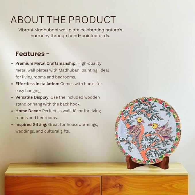 Ritualistic Metal Madhubani Single Wall Plate for Home Decoration With 10 Inch Stand