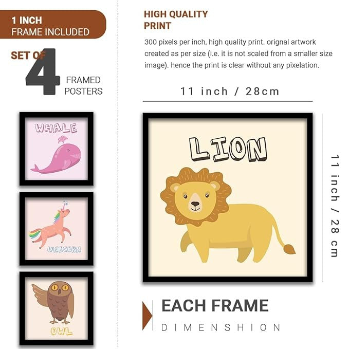 Kotart Educational Animal Frames for Kids Room Wall Decor Set of 4