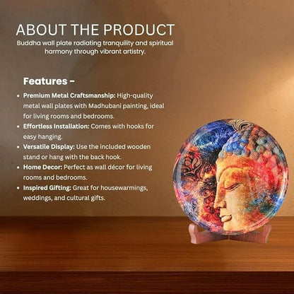 Ritualistic Iron With Enamel Work Mango Wood Stand Buddha Single Wall Plate 10 Inch With Stand wall Arts