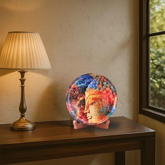 Ritualistic Iron With Enamel Work Mango Wood Stand Buddha Single Wall Plate 10 Inch With Stand wall Arts