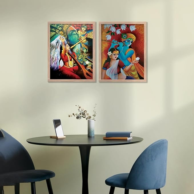 Kotart Radha Krishna Digital Painting with Frame for Home Decoration Traditional Painting Pack of 2