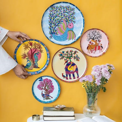 Ritualistic Gondh Wall Plates Wall Decor Set of 5 Plates