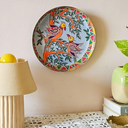 Ritualistic Metal Madhubani Single Wall Plate for Home Decoration With 10 Inch Stand