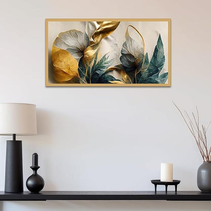 Dekorstation Canvas Floral Painting Abstract Elegant Golden Flower Floating Frame
