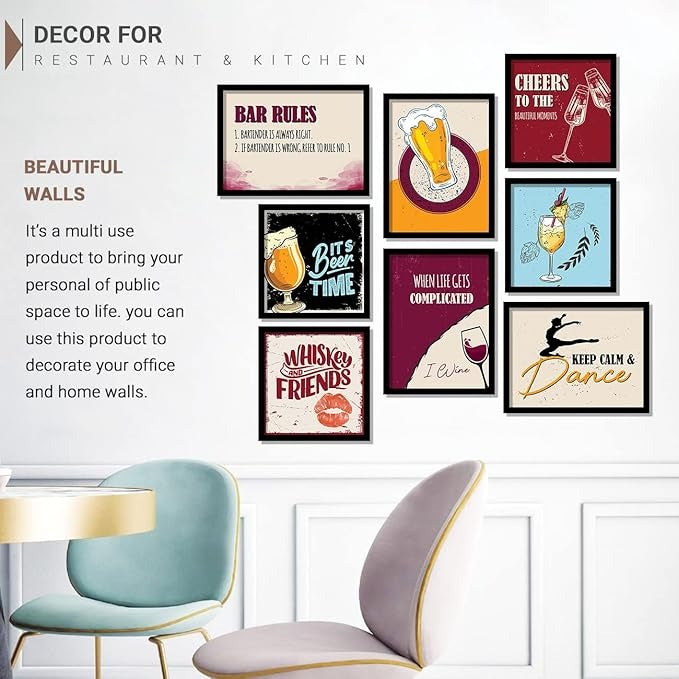 Kotart Paper Bar Rules Framed Wall Posters for Bar Kitchen Restaurant Set of 8