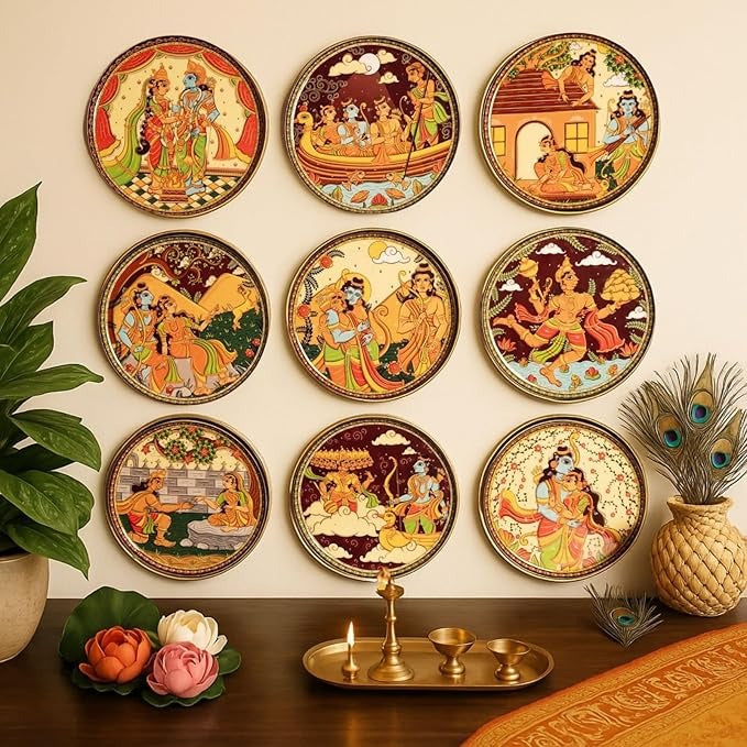 Ritualistic Ramayan Wall Sculpture for Home Decoration Wall Painting for Living Room Metal Wall Décor Set of 9 Plates