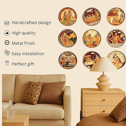 Ritualistic Ramayan Wall Sculpture for Home Decoration Wall Painting for Living Room Metal Wall Décor Set of 9 Plates