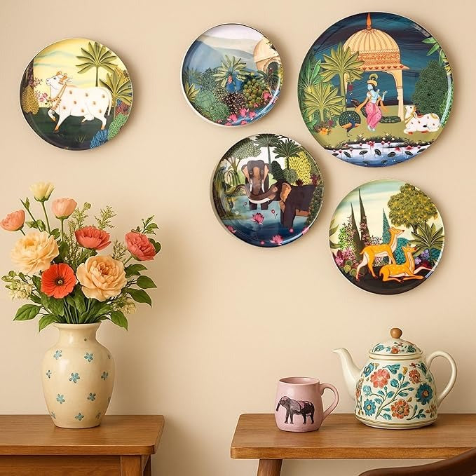 Ritualistic Dwarka Pichwai Wall Sculpture for Home Decoration Wall Painting for Living Room Set of 5 Plates