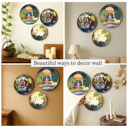 Ritualistic Dwarika Pichwai Wall Sculpture for Home Decoration Metal Wall Décor Set of 3