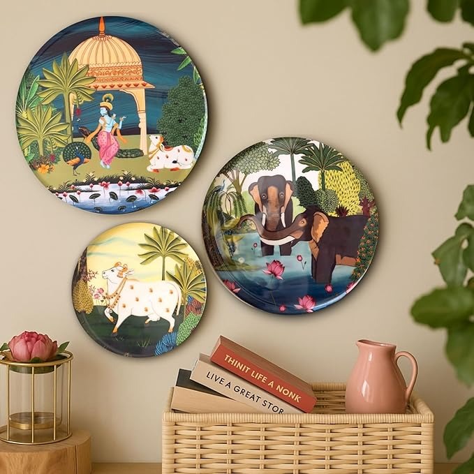 Ritualistic Dwarika Pichwai Wall Sculpture for Home Decoration Metal Wall Décor Set of 3