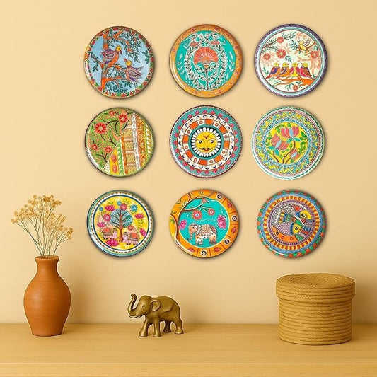 Ritualistic Madhubani Wall Sculpture for Home Decoration Wall Decor Items for Living Room Metal Wall Décor Set of 5 Plate