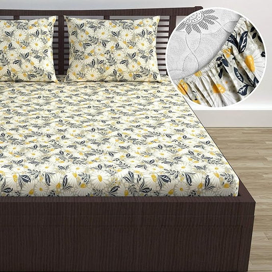 Divine Casa Floret 100% Cotton Double Fitted Bedsheet 144 TC Colour Vintage Daisies