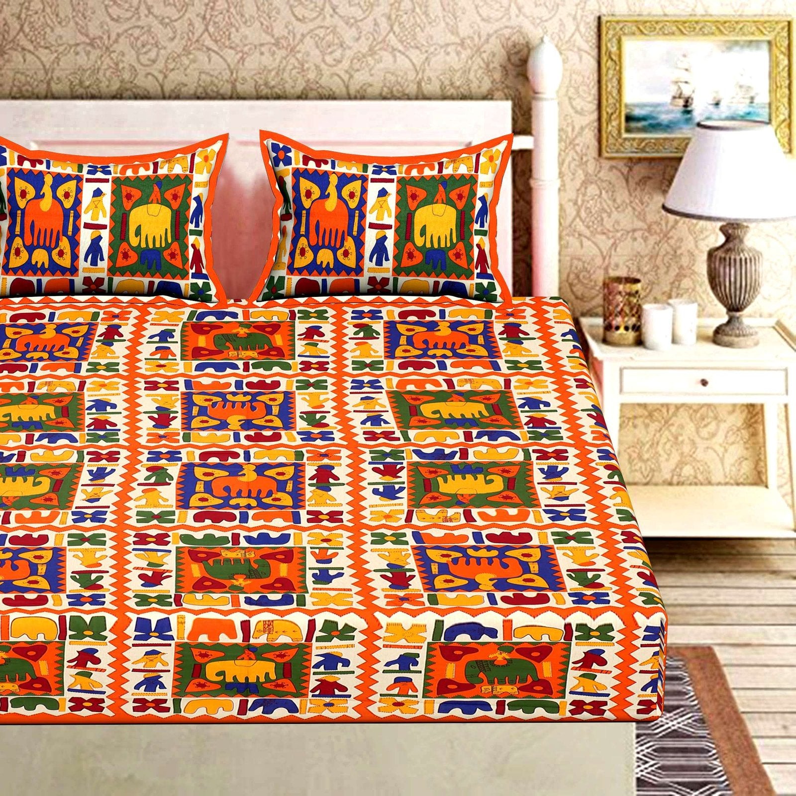 100% Pure Cotton Traditional Printed Bedsheet for Double Bed King Size Bedsheet with 2 Pillow Covers