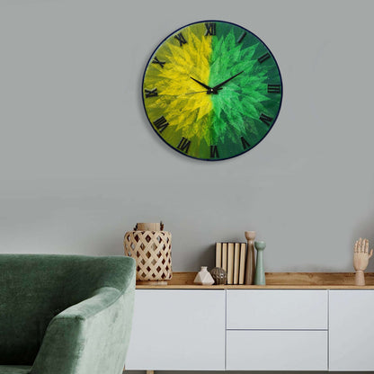 Exquisite Wooden Handmade Wall Clock Green With Yellow And Goldan Printed Acrylic Wall Clock for Home & Office Decorative Big Size Clock (16 Inch)