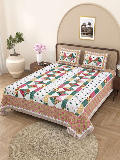 100% Pure Cotton Traditional Printed Bedsheet for Double Bed King Size Bedsheet with 2 Pillow Covers