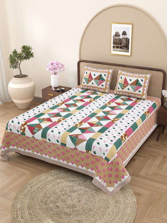100% Pure Cotton Traditional Printed Bedsheet for Double Bed King Size Bedsheet with 2 Pillow Covers