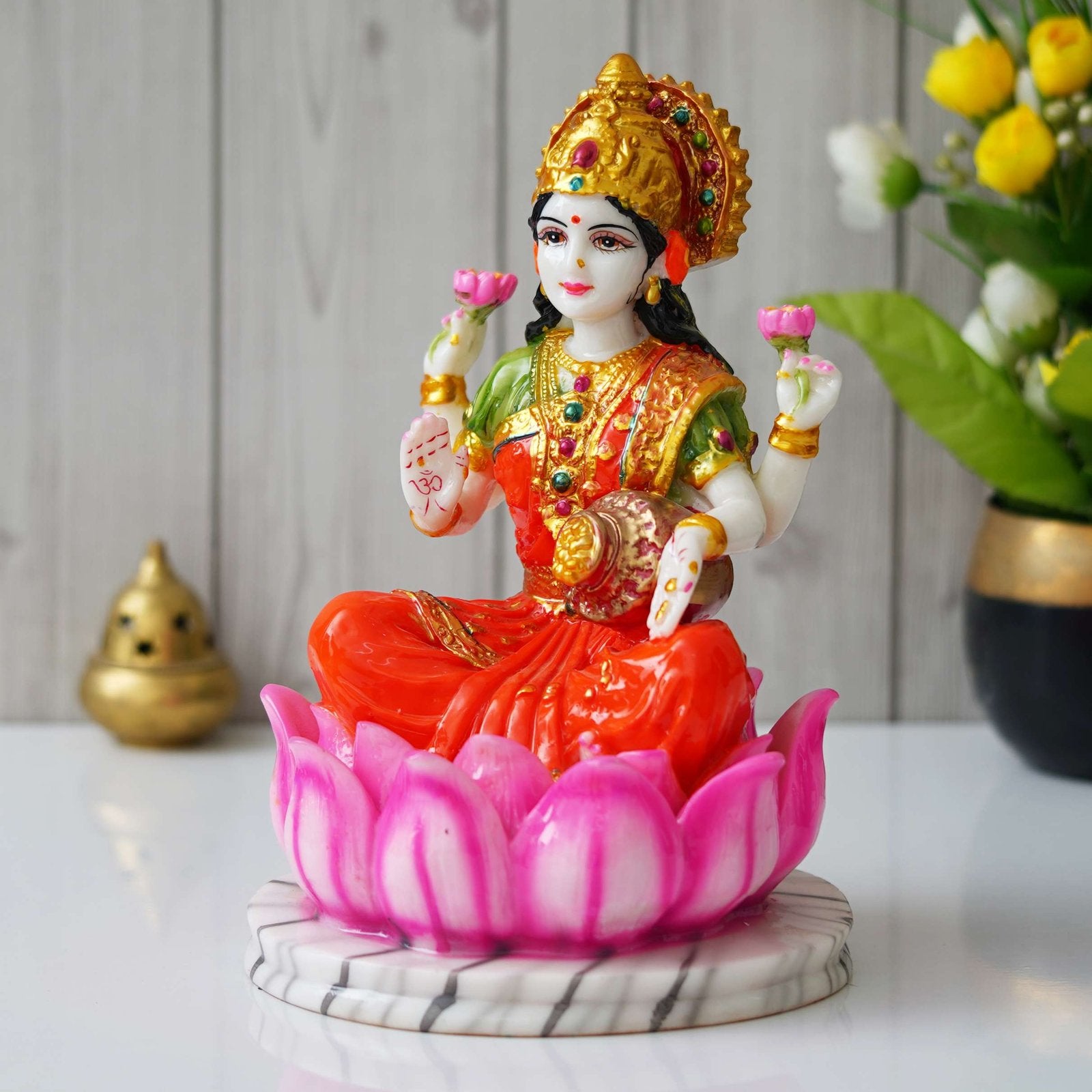 Hindu Goddess Lakshmi Statue Sitting on Lotus Flower (10.5 Inch)