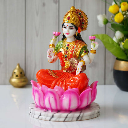 Hindu Goddess Lakshmi Statue Sitting on Lotus Flower (10.5 Inch)