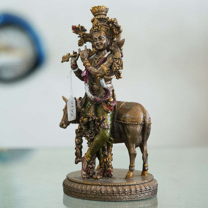 Veronese Design Krishna Playing Flute with Cow Statue