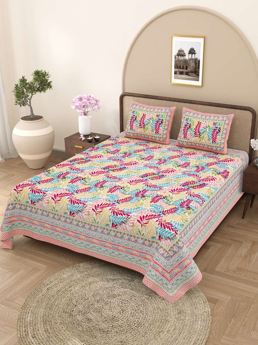 100% Pure Cotton Traditional Printed Bedsheet for Double Bed King Size Bedsheet with 2 Pillow Covers