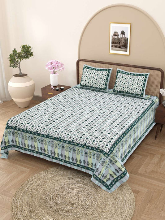 100% Pure Cotton Traditional Printed Bedsheet for Double Bed King Size Bedsheet with 2 Pillow Covers