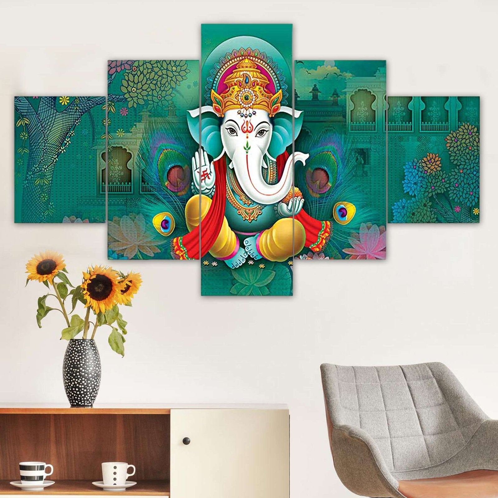 GANESH Set of Five 3D Framed Paintings for Wall Decoration – Ideal for Home, Living Room, and Bedroom (75 x 43 CM)