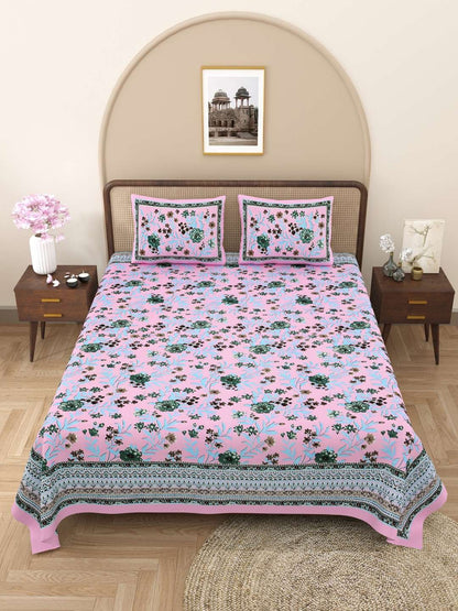 100% Pure Cotton Traditional Printed Bedsheet for Double Bed King Size Bedsheet with 2 Pillow Covers